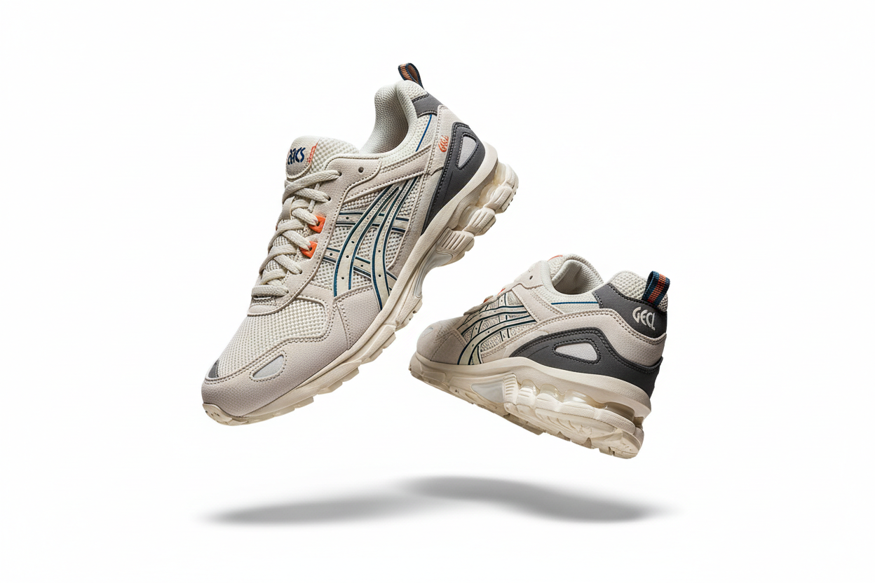 een paartje asics gel-nyc zwevend met witte achtergrond